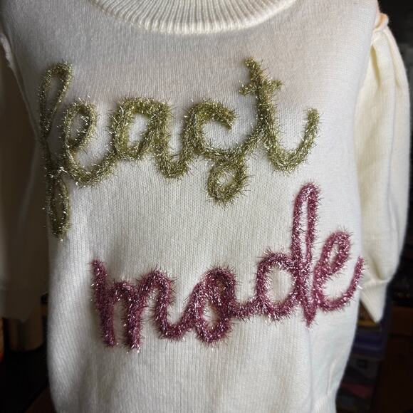 Peach Love California Feast Mode Graphic Puff Sleeve Knit Sweater, Size Large - Picture 4 of 8